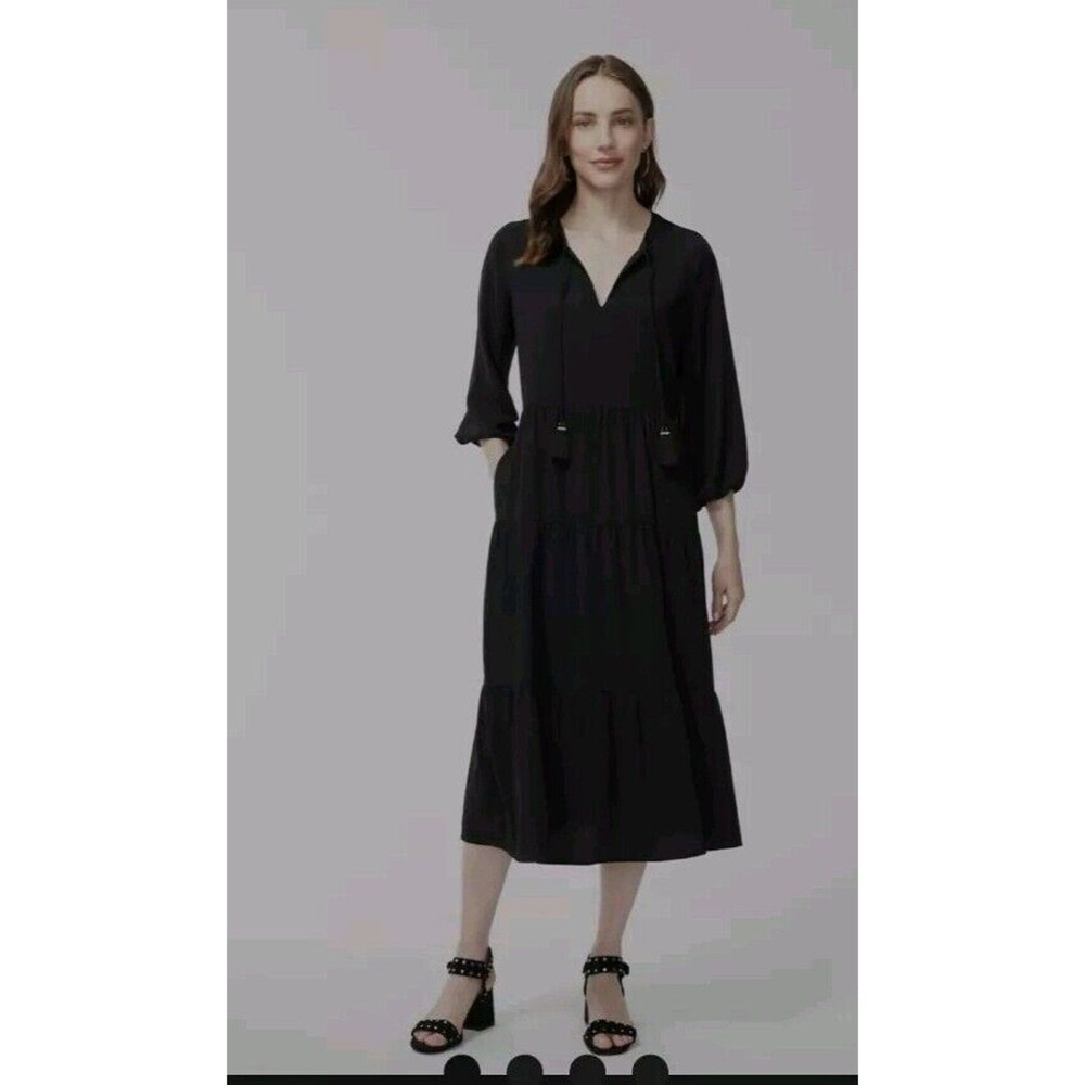 Chicos Womens Sz 16 XL Black Boho Tiered Tassel Midi Dress Lagenlook Prairie